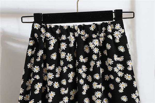 Lovely Summer Vintage Women Fashion Bellis Daisy Floral Printed Black High Waist Long Pleated Maxi Girly Skirt Skirts Dress
