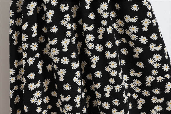 Lovely Summer Vintage Women Fashion Bellis Daisy Floral Printed Black High Waist Long Pleated Maxi Girly Skirt Skirts Dress