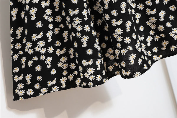 Lovely Summer Vintage Women Fashion Bellis Daisy Floral Printed Black High Waist Long Pleated Maxi Girly Skirt Skirts Dress