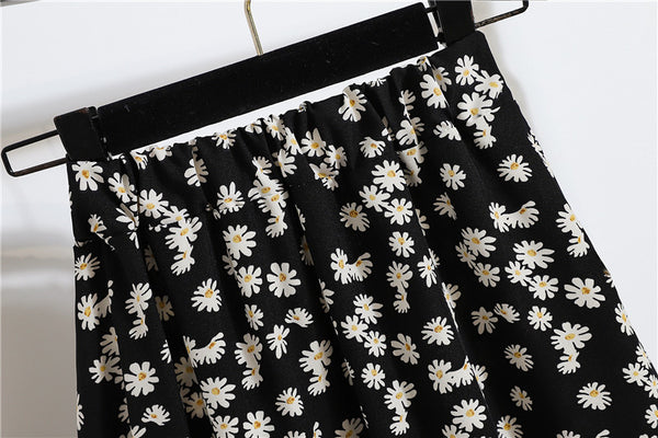 Lovely Summer Vintage Women Fashion Bellis Daisy Floral Printed Black High Waist Long Pleated Maxi Girly Skirt Skirts Dress