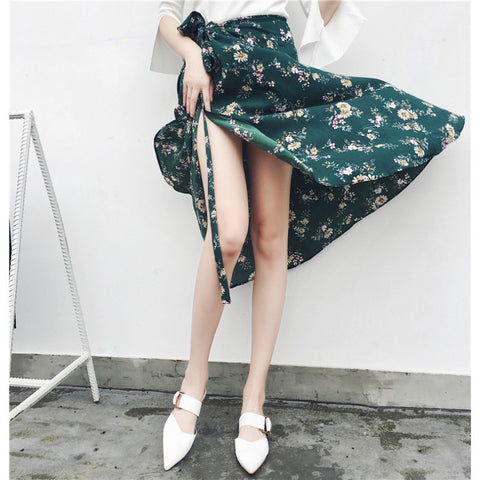 Summer Beauty Women Casual Fashion One Daisy Floral Printed Green High Waist Long Side Split Skirt Skirts Dress