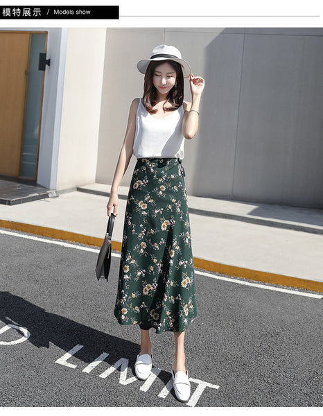 Summer Beauty Women Casual Fashion One Daisy Floral Printed Green High Waist Long Side Split Skirt Skirts Dress