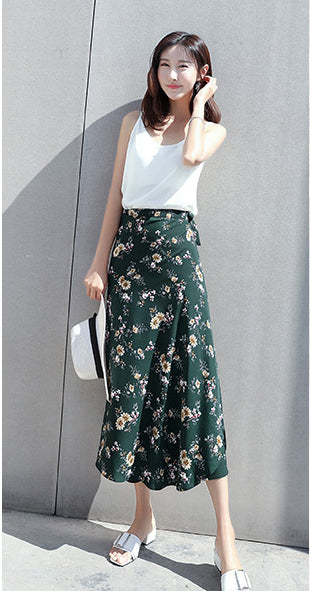 Summer Beauty Women Casual Fashion One Daisy Floral Printed Green High Waist Long Side Split Skirt Skirts Dress