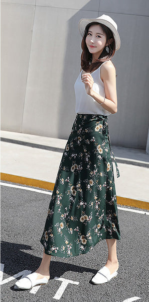 Summer Beauty Women Casual Fashion One Daisy Floral Printed Green High Waist Long Side Split Skirt Skirts Dress
