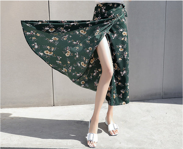 Summer Beauty Women Casual Fashion One Daisy Floral Printed Green High Waist Long Side Split Skirt Skirts Dress