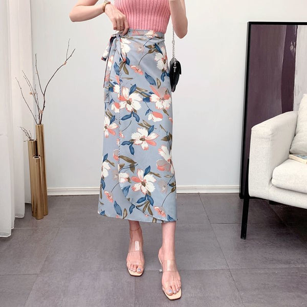 Summer Beauty Women Casual Fashion Floral Printed Black High Waist Long Side Split Skirt Chiffon Skirts Dress