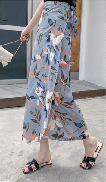 Summer Beauty Women Casual Fashion Floral Printed Black High Waist Long Side Split Skirt Chiffon Skirts Dress