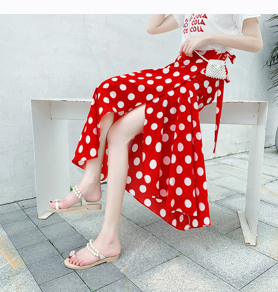 Good Look Summer Women Vintage Bohemian Red Chiffon White Polka Dot Big Hem Side Split One Piece Wrap Skirt