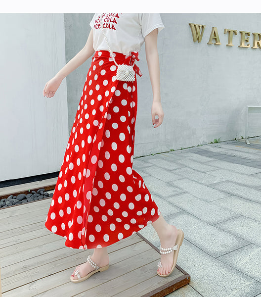 Good Look Summer Women Vintage Bohemian Red Chiffon White Polka Dot Big Hem Side Split One Piece Wrap Skirt