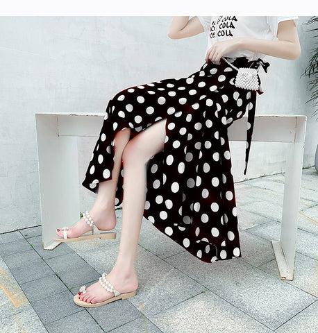 Chic Summer Women Vintage Bohemian Black Chiffon White Polka Dot Big Hem Side Split One Piece Wrap Skirt