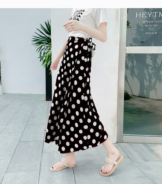 Chic Summer Women Vintage Bohemian Black Chiffon White Polka Dot Big Hem Side Split One Piece Wrap Skirt