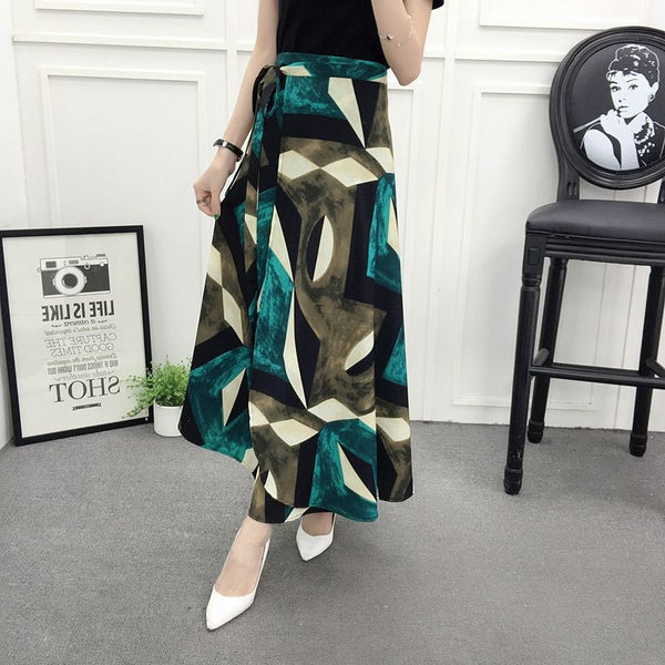 Nice Summer Women Vintage Bohemian Green Chiffon Geometry Printed Pattern Big Hem Side Split One Piece Wrap Skirt
