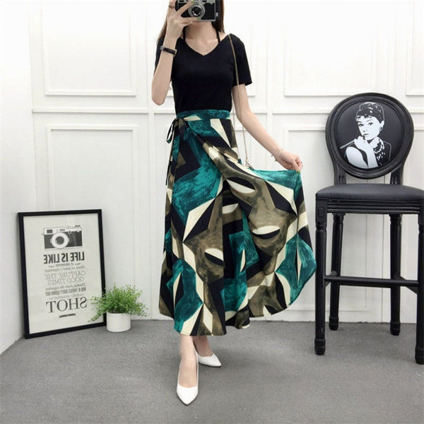Nice Summer Women Vintage Bohemian Green Chiffon Geometry Printed Pattern Big Hem Side Split One Piece Wrap Skirt
