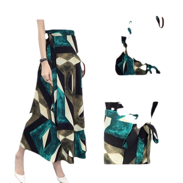 Nice Summer Women Vintage Bohemian Green Chiffon Geometry Printed Pattern Big Hem Side Split One Piece Wrap Skirt
