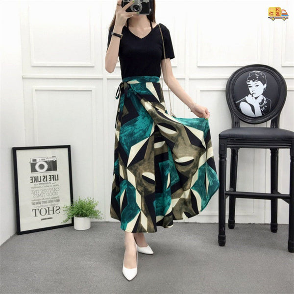 Nice Summer Women Vintage Bohemian Green Chiffon Geometry Printed Pattern Big Hem Side Split One Piece Wrap Skirt