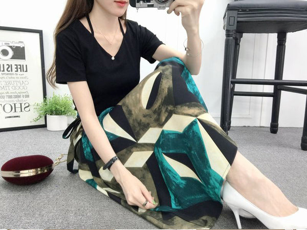 Nice Summer Women Vintage Bohemian Green Chiffon Geometry Printed Pattern Big Hem Side Split One Piece Wrap Skirt