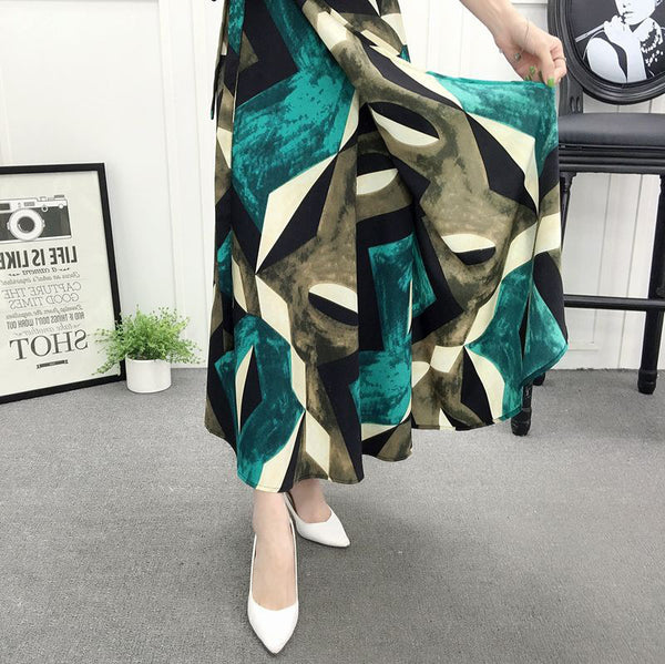 Nice Summer Women Vintage Bohemian Green Chiffon Geometry Printed Pattern Big Hem Side Split One Piece Wrap Skirt