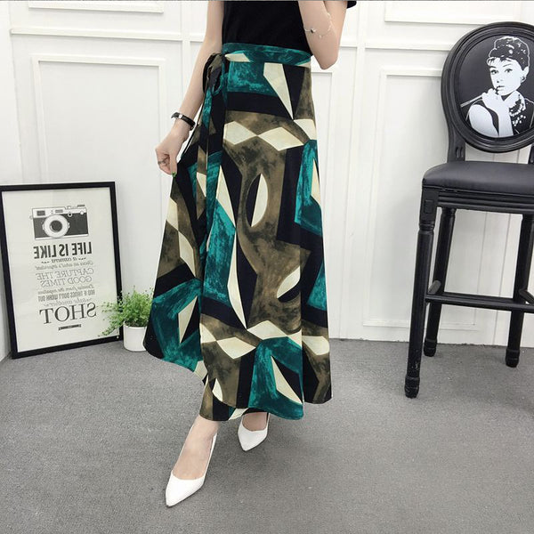 Nice Summer Women Vintage Bohemian Green Chiffon Geometry Printed Pattern Big Hem Side Split One Piece Wrap Skirt