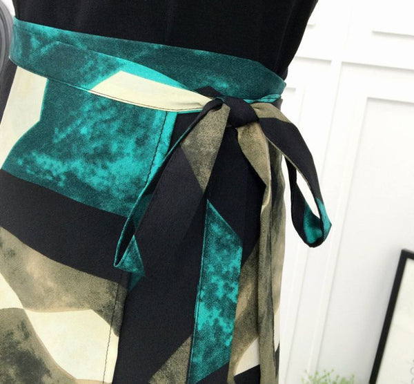 Nice Summer Women Vintage Bohemian Green Chiffon Geometry Printed Pattern Big Hem Side Split One Piece Wrap Skirt