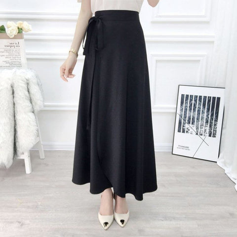 Summer Women Vintage Bohemian Chiffon Pure Black Solid Color Big Hem Side Split One Piece Wrap Skirt