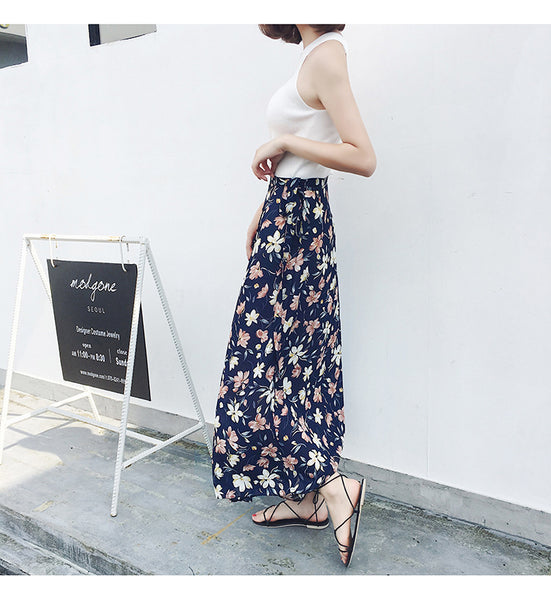Beach Summer Holiday Women Fashion Bohemian Floral Printed Chiffon Mid Length Wrap One Piece Side Split Skirt