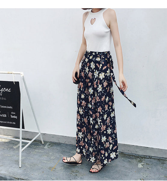 Beach Summer Holiday Women Fashion Bohemian Floral Printed Chiffon Mid Length Wrap One Piece Side Split Skirt