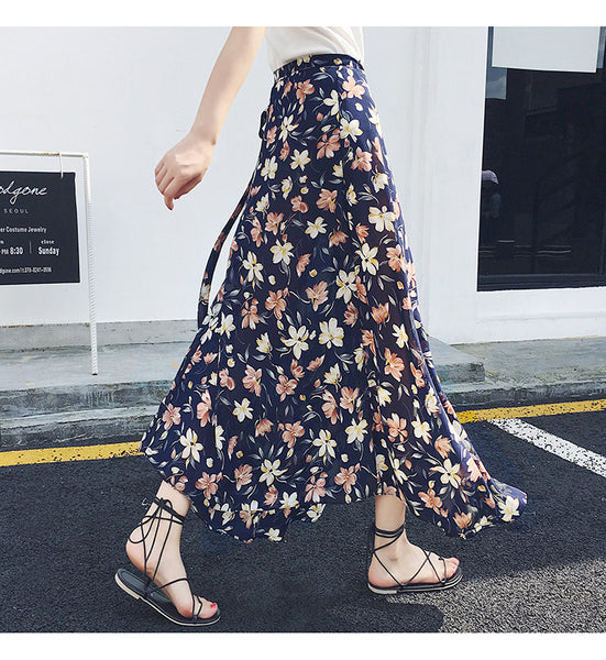 Beach Summer Holiday Women Fashion Bohemian Floral Printed Chiffon Mid Length Wrap One Piece Side Split Skirt
