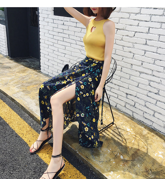 Summer Holiday Charming Women Bohemian Floral Daisy Printed Chiffon Mid Length Wrap One Piece Side Slit Skirt