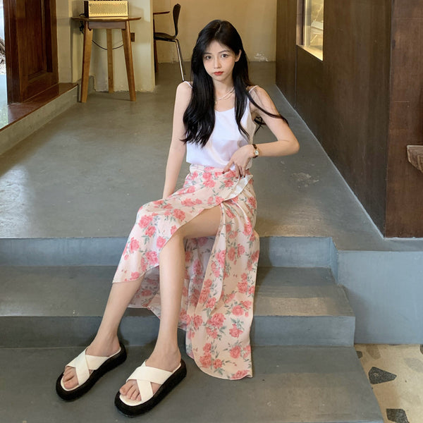 Summer Holiday Sunscreen Beach Chiffon Rose Floral Pink Lace Up One Piece Wrap Side Slit Skirt