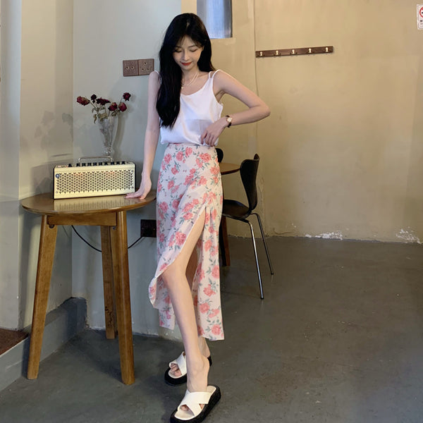 Summer Holiday Sunscreen Beach Chiffon Rose Floral Pink Lace Up One Piece Wrap Side Slit Skirt