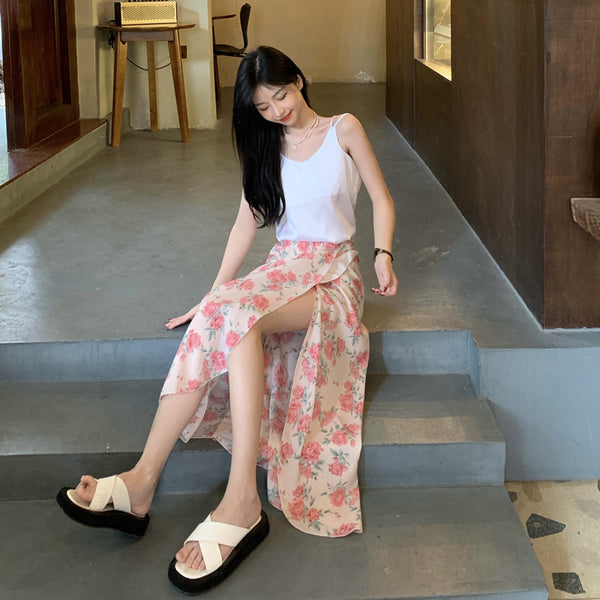Summer Holiday Sunscreen Beach Chiffon Rose Floral Pink Lace Up One Piece Wrap Side Slit Skirt