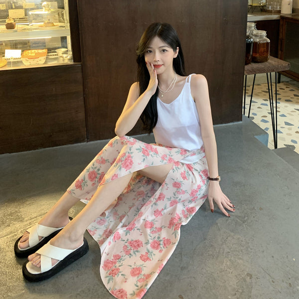 Summer Holiday Sunscreen Beach Chiffon Rose Floral Pink Lace Up One Piece Wrap Side Slit Skirt