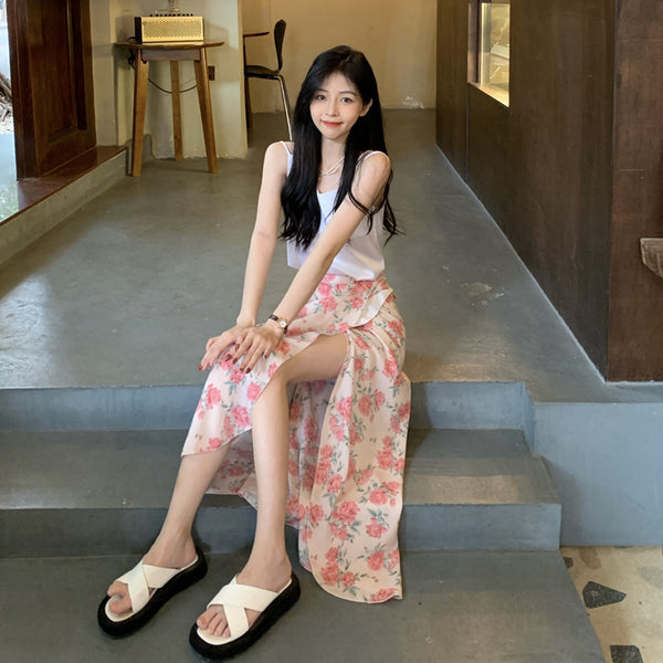 Summer Holiday Sunscreen Beach Chiffon Rose Floral Pink Lace Up One Piece Wrap Side Slit Skirt