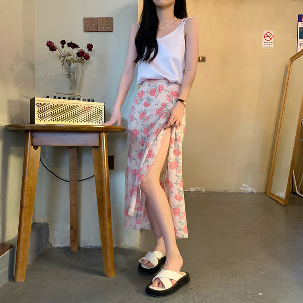 Summer Holiday Sunscreen Beach Chiffon Rose Floral Pink Lace Up One Piece Wrap Side Slit Skirt