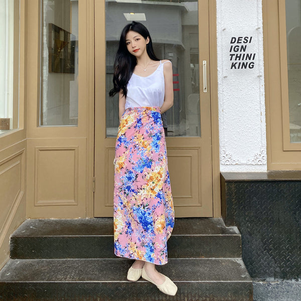 Summer Holiday Sunscreen Beach Chiffon Pink Paint Dye Printed Lace Up One Piece Wrap Side Slit Skirt