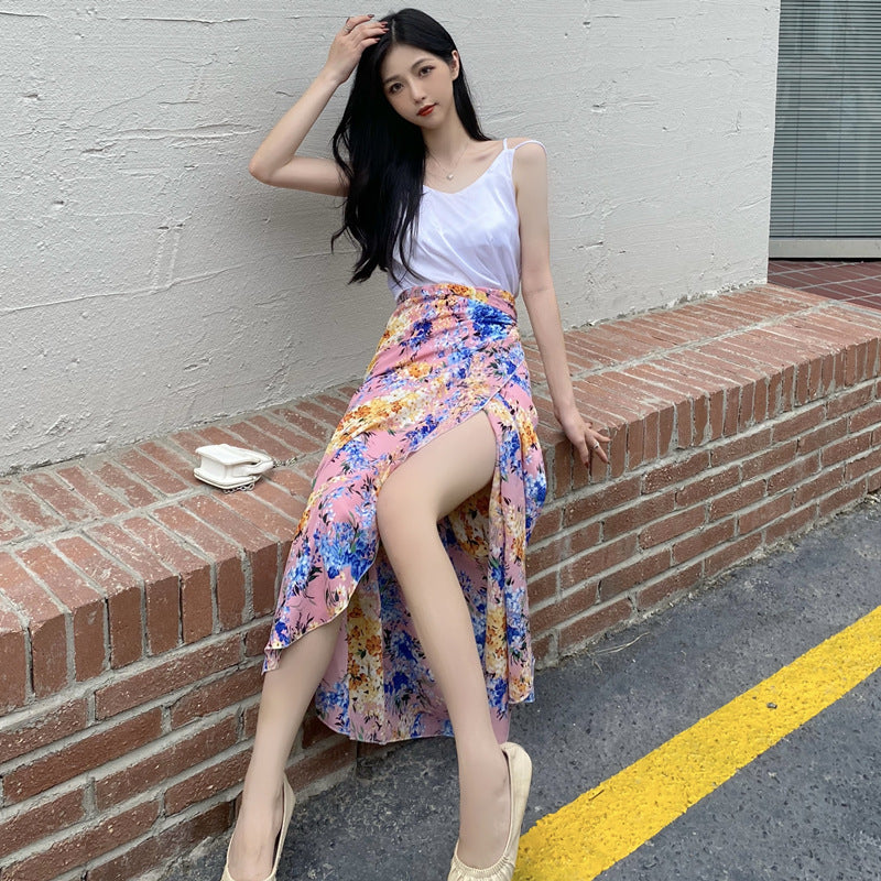 Summer Holiday Sunscreen Beach Chiffon Pink Paint Dye Printed Lace Up One Piece Wrap Side Slit Skirt