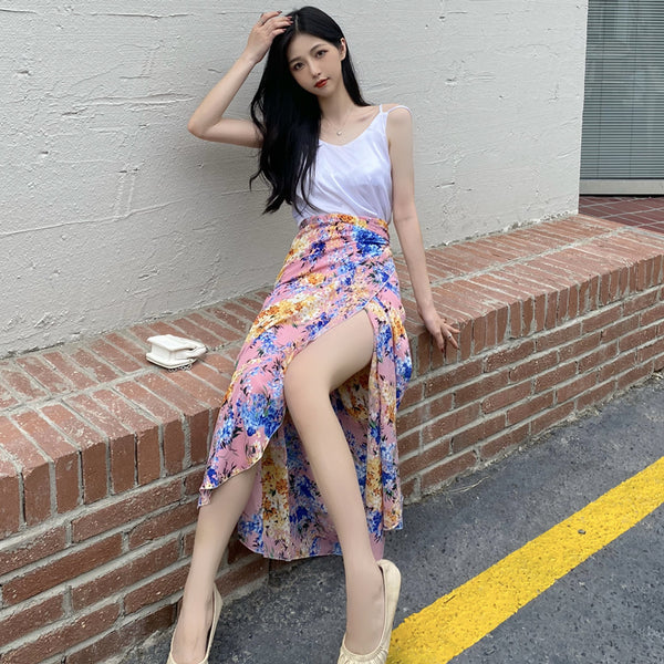 Summer Holiday Sunscreen Beach Chiffon Pink Paint Dye Printed Lace Up One Piece Wrap Side Slit Skirt