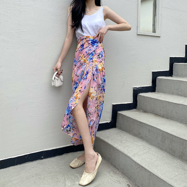 Summer Holiday Sunscreen Beach Chiffon Pink Paint Dye Printed Lace Up One Piece Wrap Side Slit Skirt