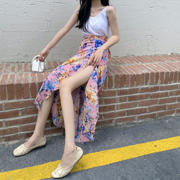 Summer Holiday Sunscreen Beach Chiffon Pink Paint Dye Printed Lace Up One Piece Wrap Side Slit Skirt