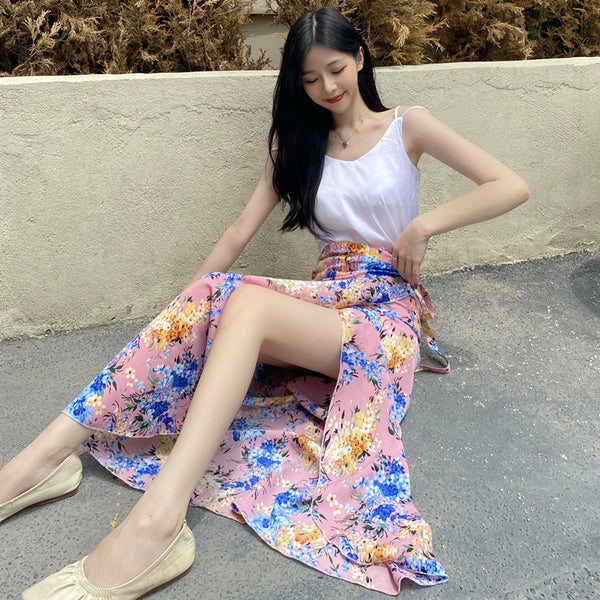 Summer Holiday Sunscreen Beach Chiffon Pink Paint Dye Printed Lace Up One Piece Wrap Side Slit Skirt