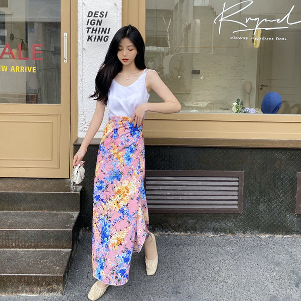 Summer Holiday Sunscreen Beach Chiffon Pink Paint Dye Printed Lace Up One Piece Wrap Side Slit Skirt