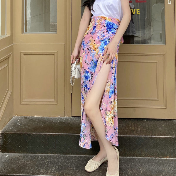 Summer Holiday Sunscreen Beach Chiffon Pink Paint Dye Printed Lace Up One Piece Wrap Side Slit Skirt