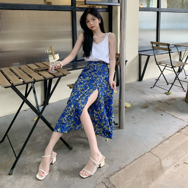 Summer Holiday Sunscreen Beach Chiffon Blue Vintage Printed Lace Up One Piece Wrap Side Slit Skirt