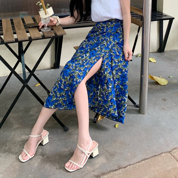 Summer Holiday Sunscreen Beach Chiffon Blue Vintage Printed Lace Up One Piece Wrap Side Slit Skirt