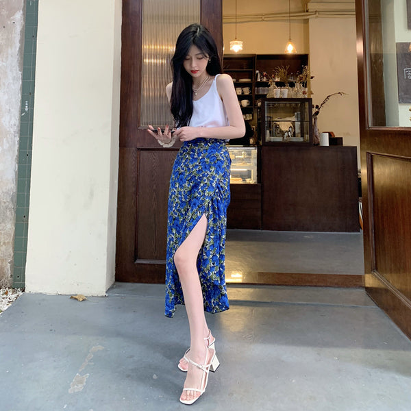 Summer Holiday Sunscreen Beach Chiffon Blue Vintage Printed Lace Up One Piece Wrap Side Slit Skirt