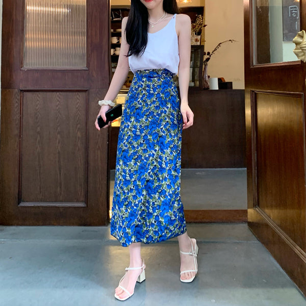 Summer Holiday Sunscreen Beach Chiffon Blue Vintage Printed Lace Up One Piece Wrap Side Slit Skirt