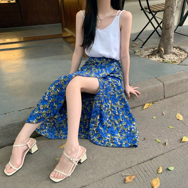 Summer Holiday Sunscreen Beach Chiffon Blue Vintage Printed Lace Up One Piece Wrap Side Slit Skirt