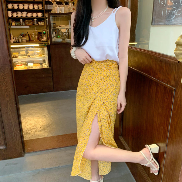 Summer Holiday Sunscreen Beach Charming Women Chiffon Yellow Printed Lace Up One Piece Wrap Side Slit Skirt