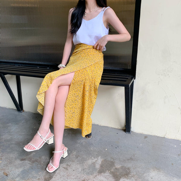 Summer Holiday Sunscreen Beach Charming Women Chiffon Yellow Printed Lace Up One Piece Wrap Side Slit Skirt