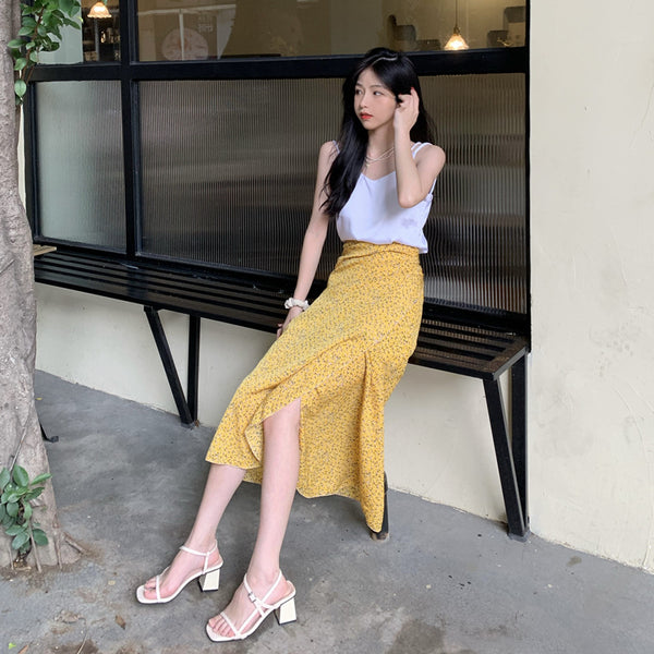 Summer Holiday Sunscreen Beach Charming Women Chiffon Yellow Printed Lace Up One Piece Wrap Side Slit Skirt
